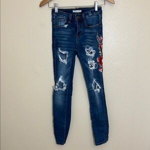 Machine Blue Distressed Floral Embroidery Jeans
